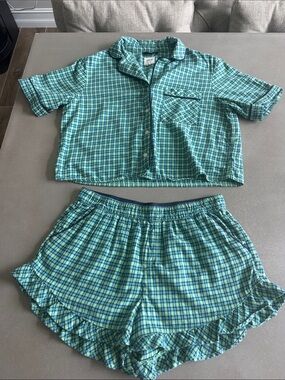 Womens Green & Blue Ruffled Plaid Short Pajama Set